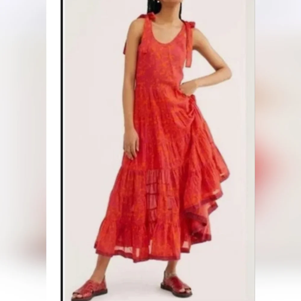 Free People Kikas Printed Midi Dress Cotton Ruffle Tiers Floral Sm Tangerine EUC - Picture 9 of 15